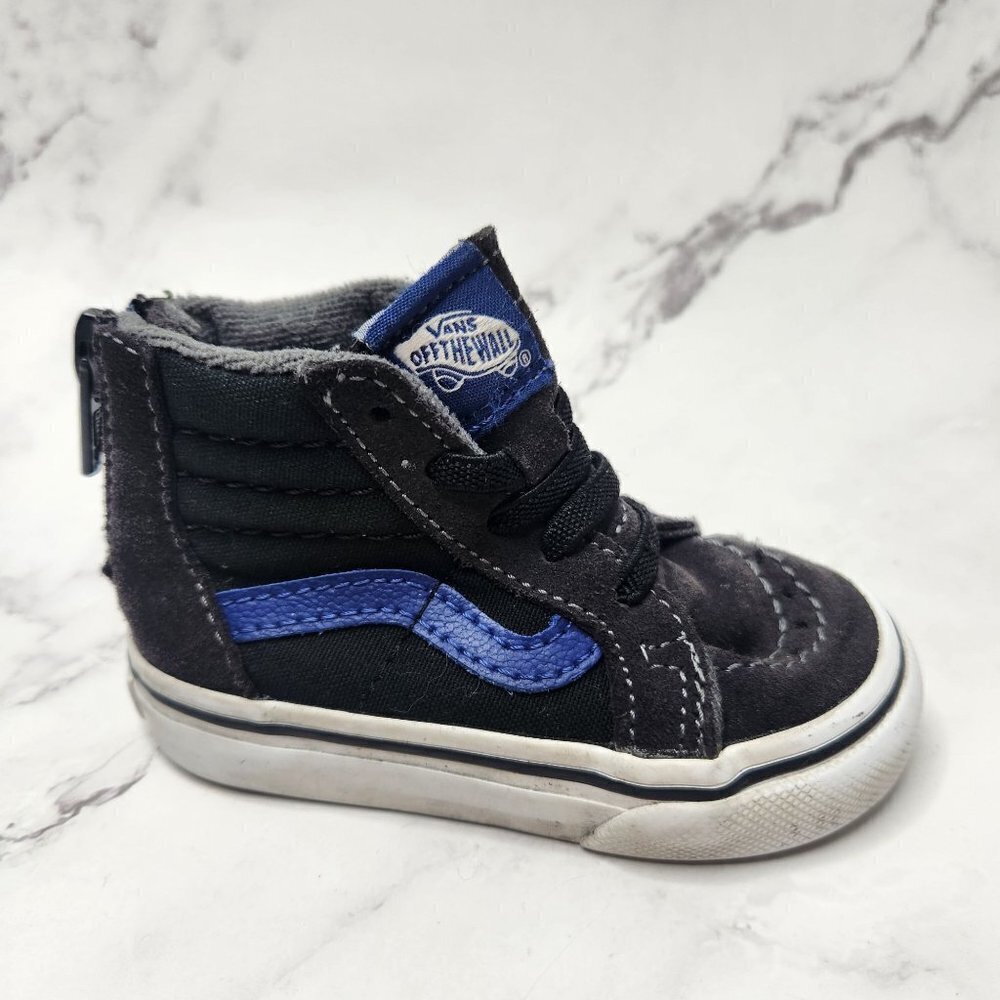 Vans Sk-8 High Top Toddler Sneakers Shoes Black Blue Suede Baby Toddler Size 4